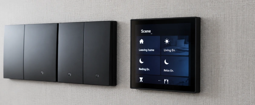 Modern black smart switch panel and touch scene controller on a wall