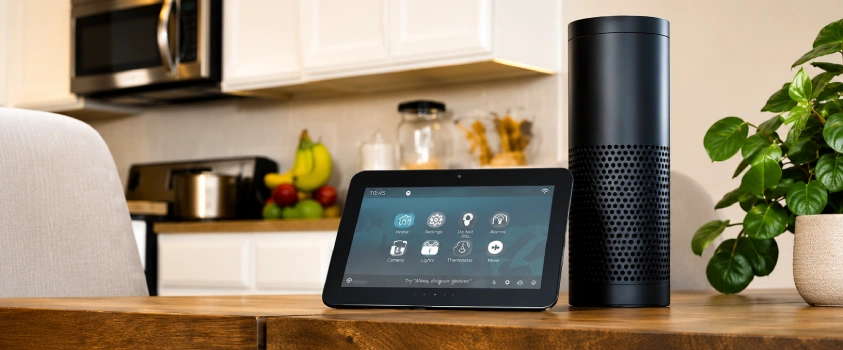 Smart speaker and touch panel control voice control system on a kitchen counter